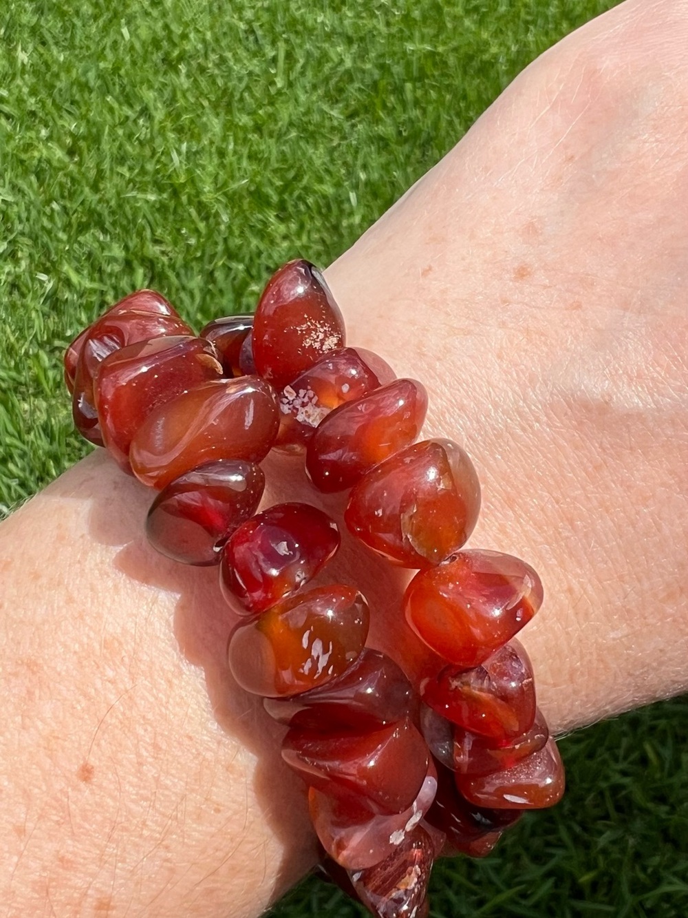 Polished Amber-colored memory wire Bracelet. Handmade red/orange Stone Jewelry.